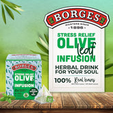 Borges Stress Relief Olive Leaf Infusion Tea - 10 Bags In Sealed Envelope | 2X Antioxidants Than Green Tea - With Goodness Of Basil | Caffeine Free, No Added Flavor